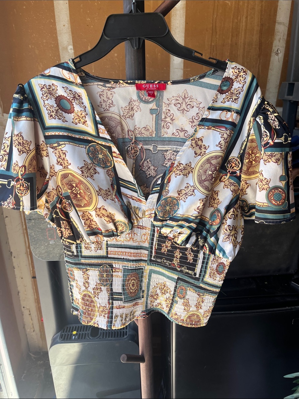 Guess Multicolor Printed V-Neck Smocked Waist Crop Top